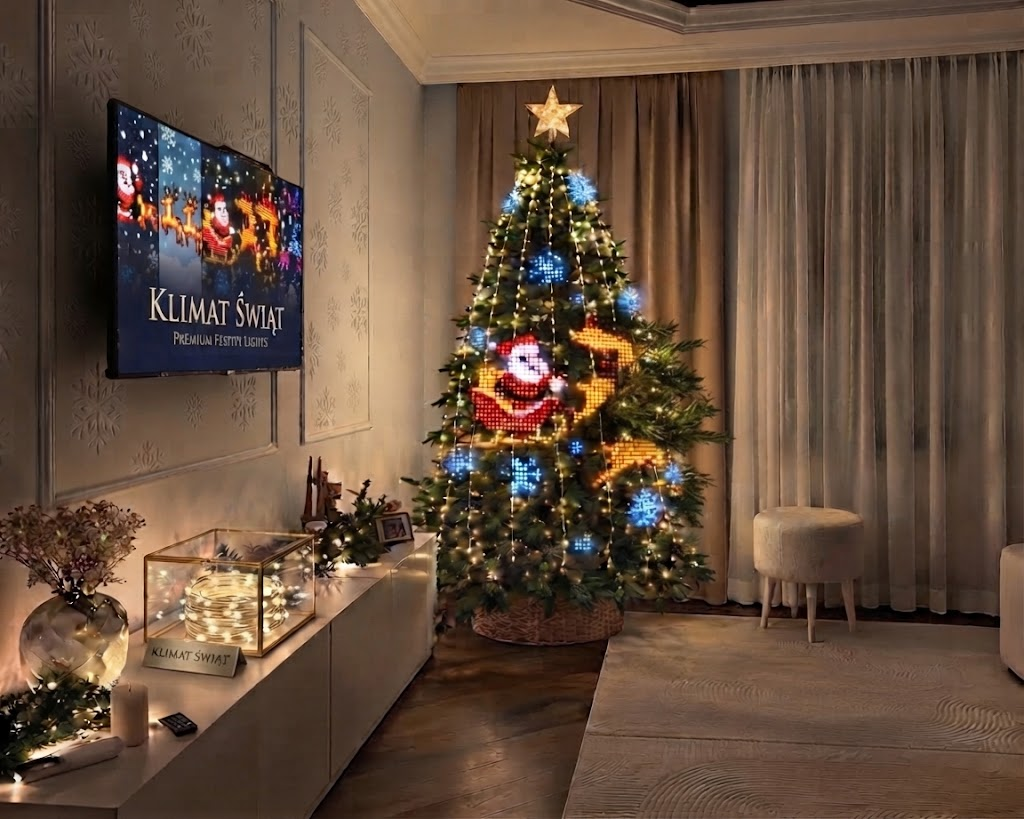 Inteligentne lampki choinkowe Klimat Świąt w salonie